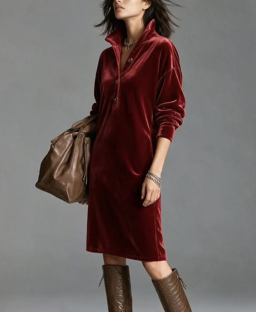 Women’s Velvet Shirt Dress – Long Sleeve Button Down Loose Fit Midi Dress