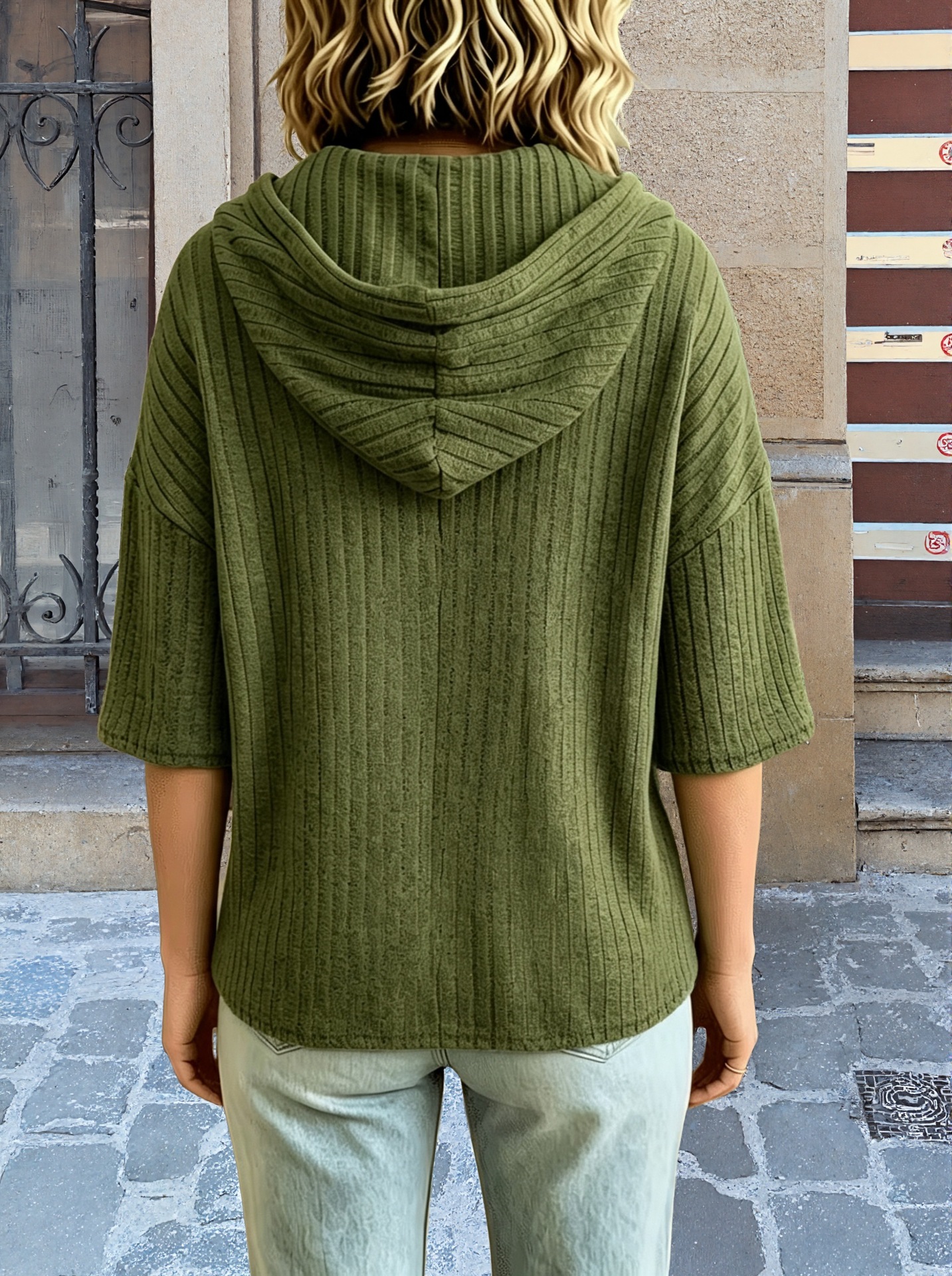 Women’s Casual Ribbed Knit Hoodie Top – Loose Fit Short Sleeve Pullover Sweatshirt with Drawstring Hood