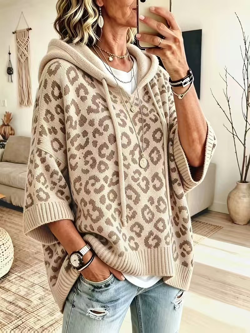 Women's Leopard Print Hooded Knit Sweater, Oversized Pullover Poncho Top, Loose 3/4 Sleeve Casual Fall Winter Jumper, Cozy Animal Print Hoodie Sweater