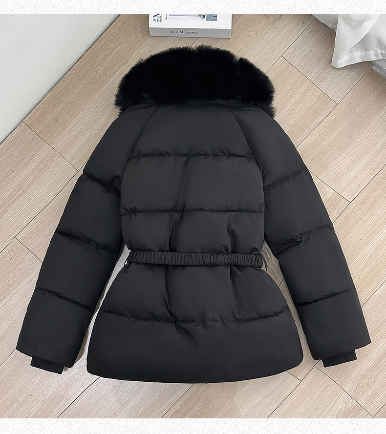Women's Winter Puffer Jacket with Faux Fur Collar, Polyester Warm Coat, Belted Waist Short Quilted Outerwear, Fashionable Cold Weather Jacket