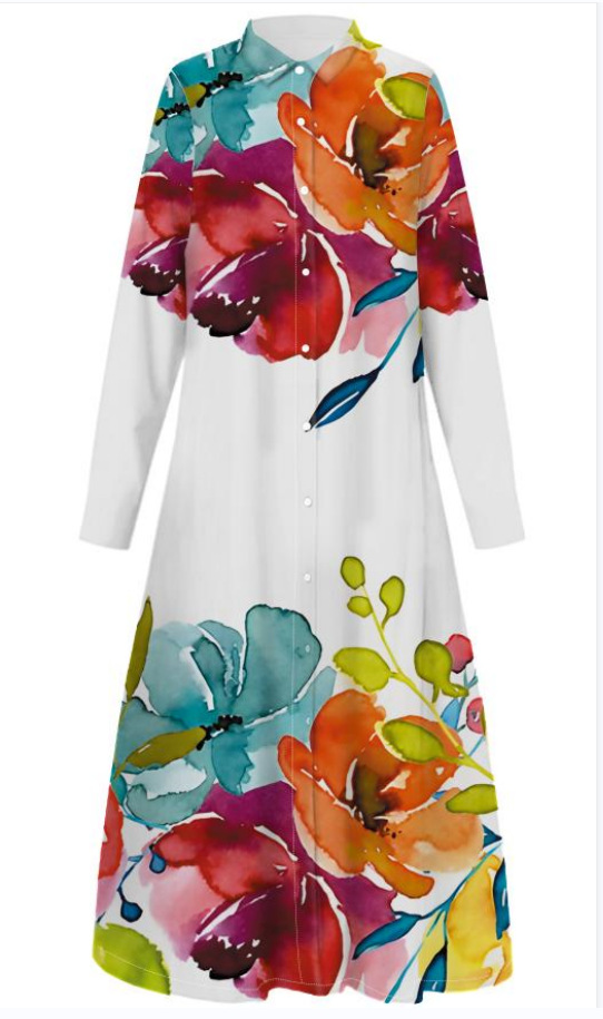 Women's Floral Print Shirt Dress, Long Sleeve Button Down Tunic Dress, Elegant Loose Fit Maxi Blouse Dress, Casual Vacation Dress for Women-gemscharms