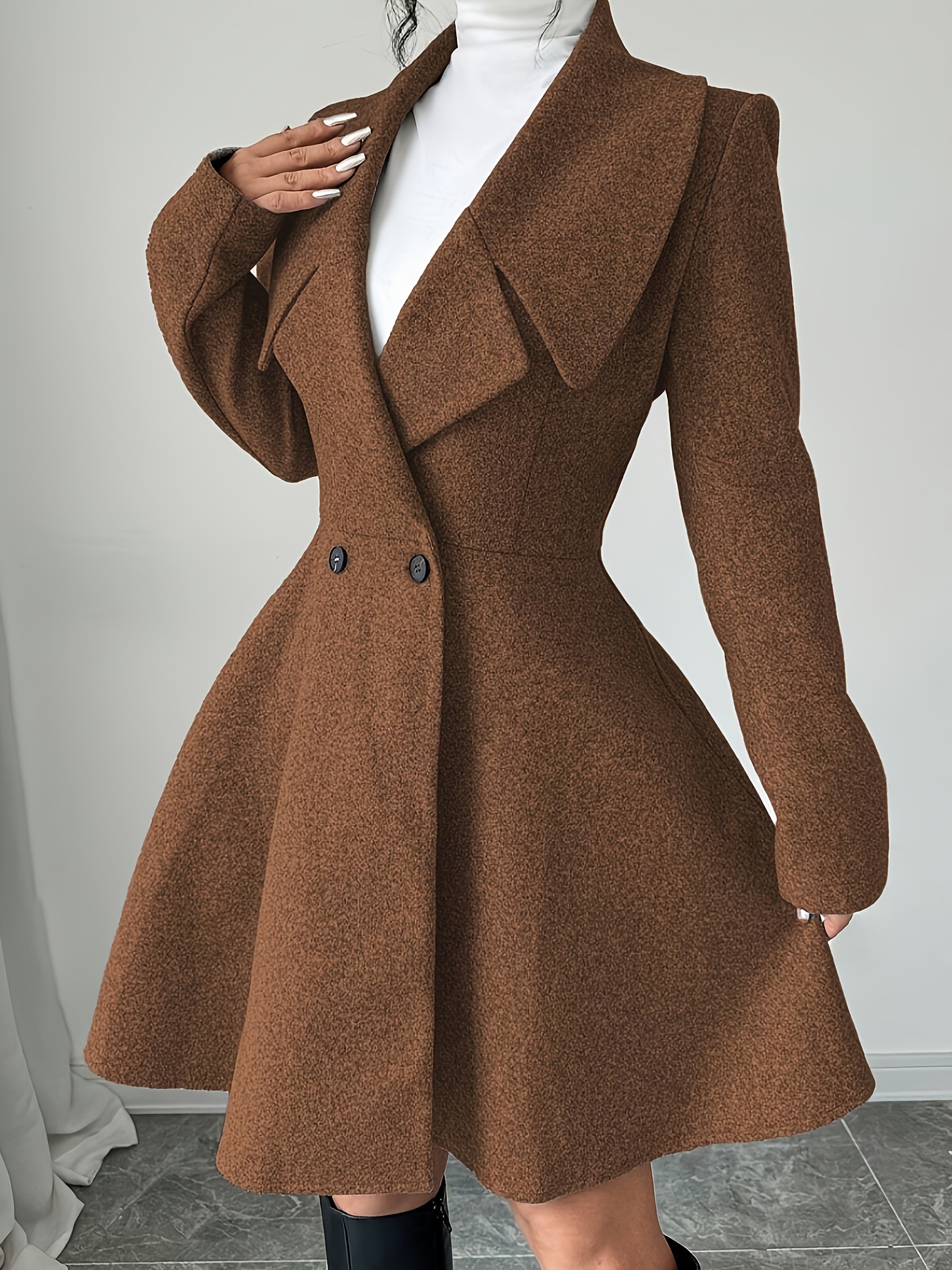Women’s Long Sleeve Double Breasted A-Line Wool-Look Coat Dress with Wide Lapel