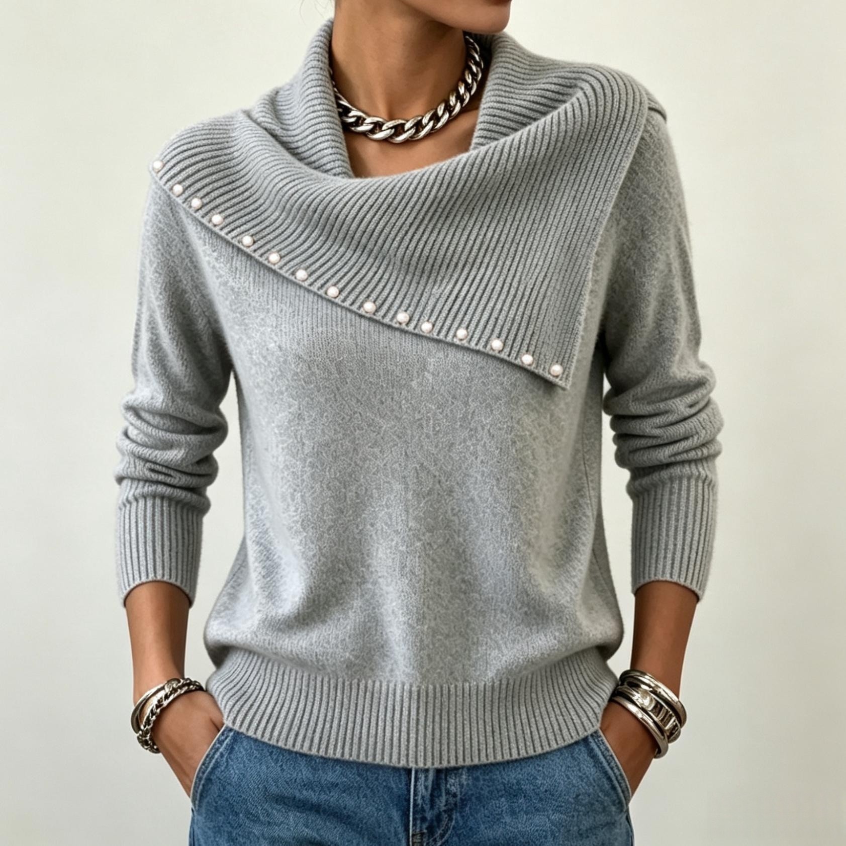 Women’s Pearl Embellished Cowl Neck Sweater – Elegant Long Sleeve Knit Pullover Top