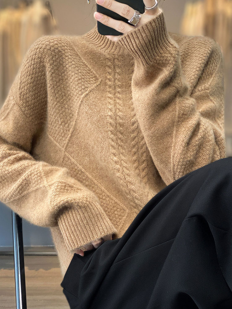 Women’s Cable Knit Mock Neck Sweater – Oversized Long Sleeve Casual Pullover Soft Knit Top