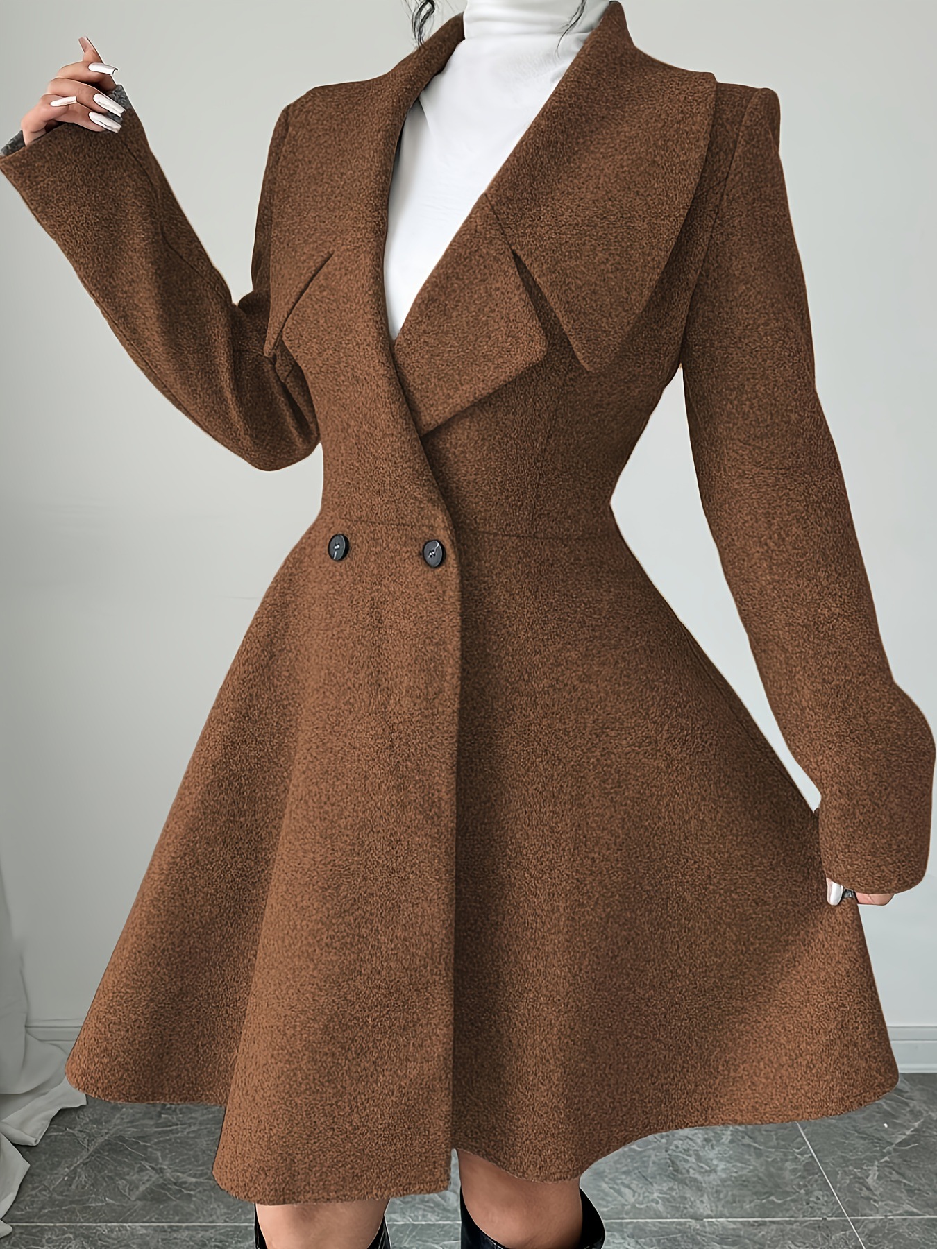 Women’s Long Sleeve Double Breasted A-Line Wool-Look Coat Dress with Wide Lapel