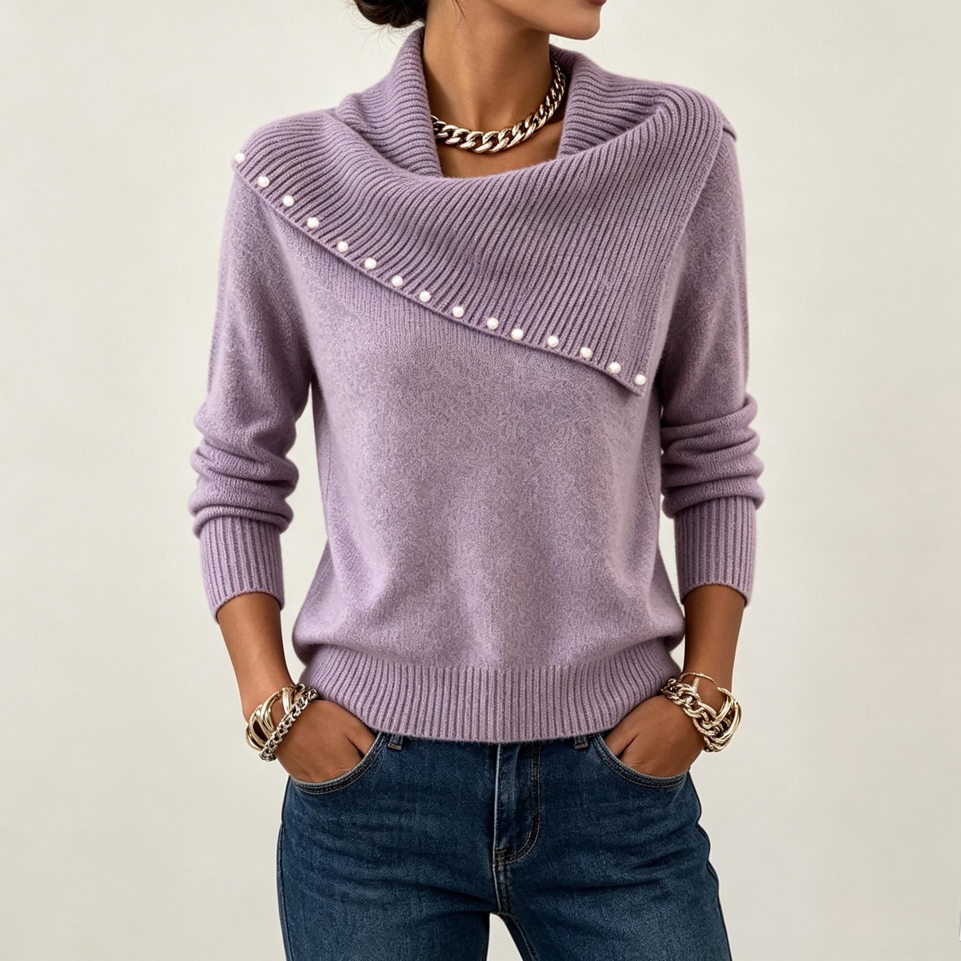 Women’s Pearl Embellished Cowl Neck Sweater – Elegant Long Sleeve Knit Pullover Top
