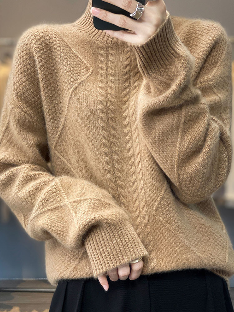 Women’s Cable Knit Mock Neck Sweater – Oversized Long Sleeve Casual Pullover Soft Knit Top