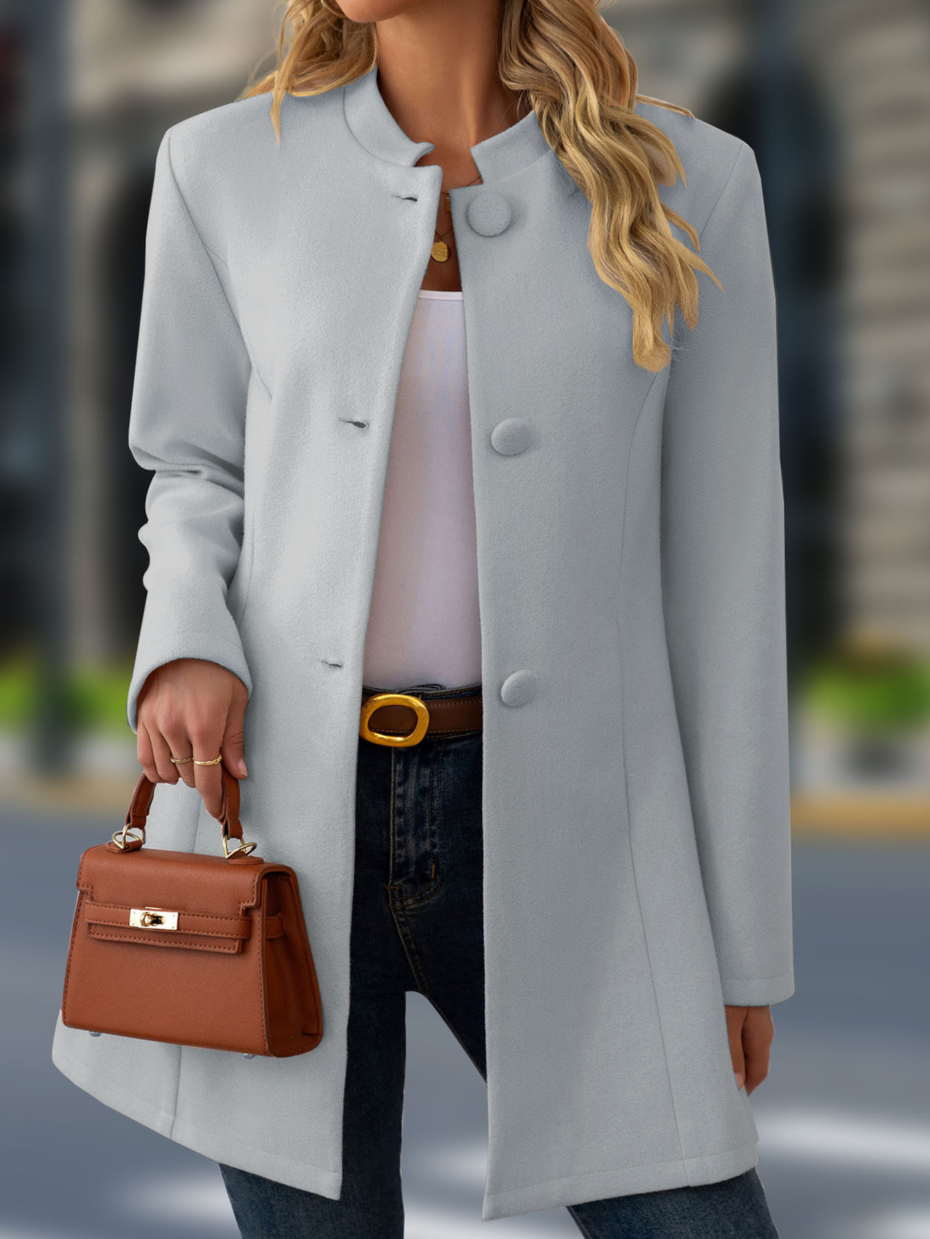 Women's Elegant Stand Collar Light Gray Coat – Classic Long Sleeve Outerwear Jacket Coat