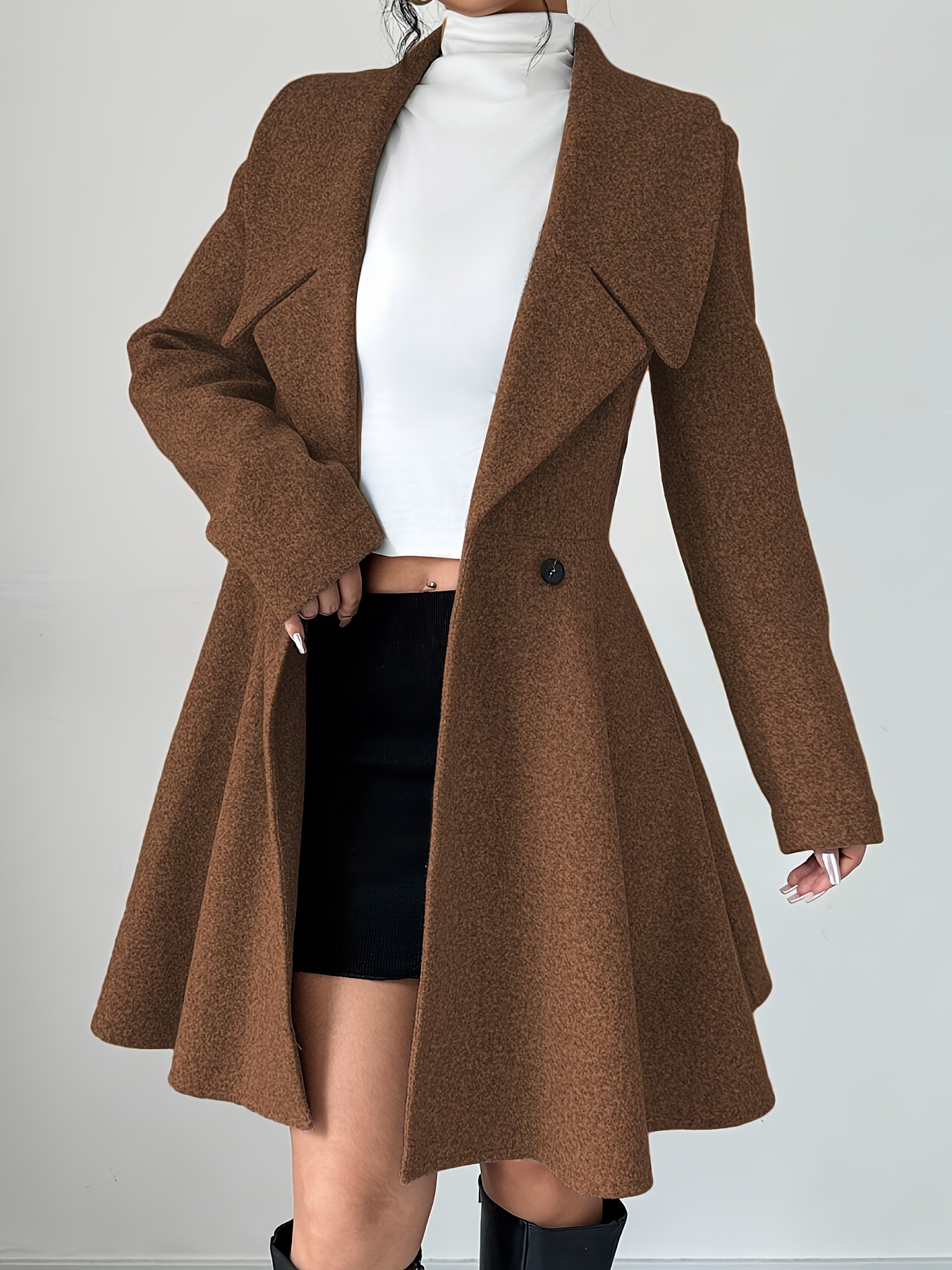 Women’s Long Sleeve Double Breasted A-Line Wool-Look Coat Dress with Wide Lapel