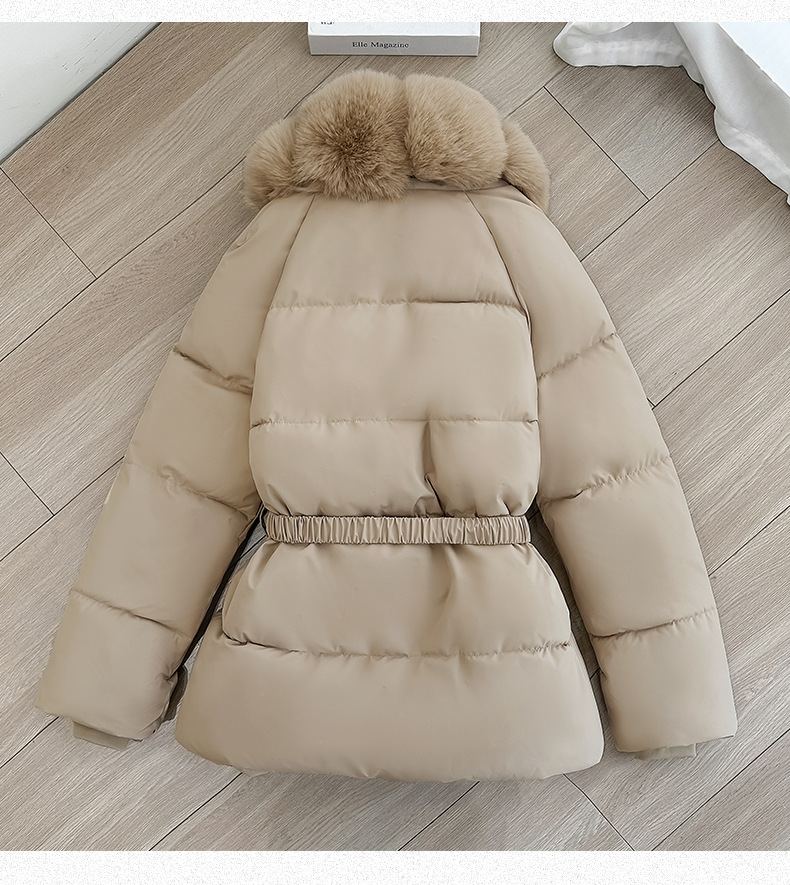 Women's Winter Puffer Jacket with Faux Fur Collar, Polyester Warm Coat, Belted Waist Short Quilted Outerwear, Fashionable Cold Weather Jacket