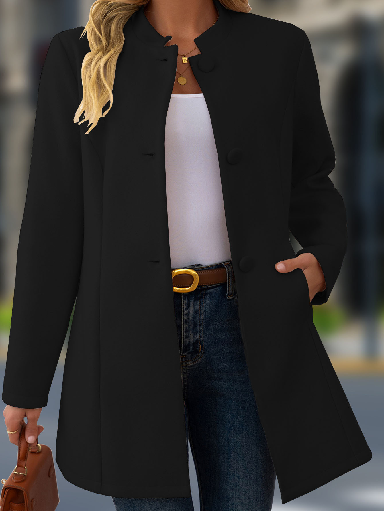 Women's Elegant Stand Collar Black Coat – Classic Long Sleeve Outerwear Jacket Coat