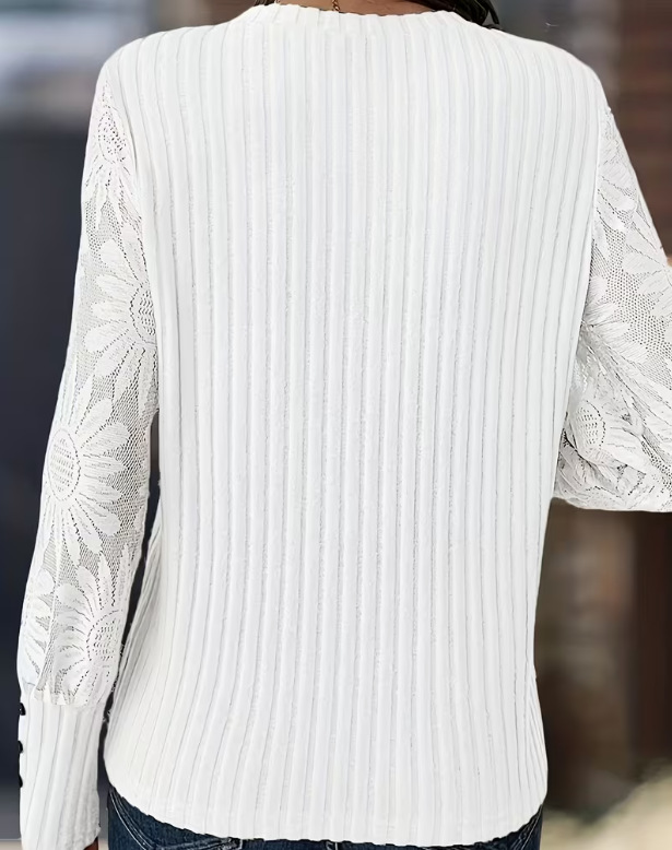 Women's V Neck Long Sleeve Knit Top – Lace Sleeve Ribbed Blouse with Elegant Button Cuff Detail for Casual & Dressy Wear