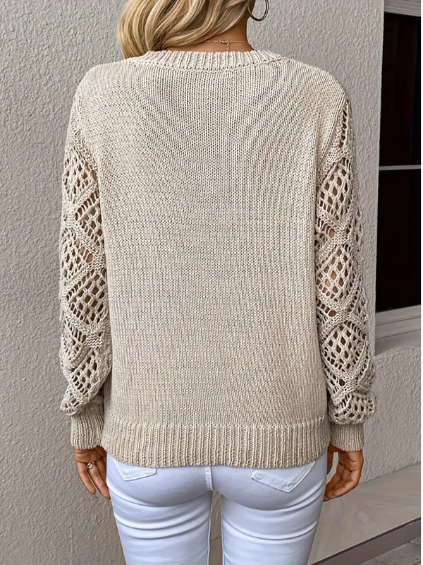 Women's V Neck Crochet Sleeve Knit Sweater – Long Sleeve Loose Fit Pullover Top with Openwork Detail for Casual & Elegant Wear