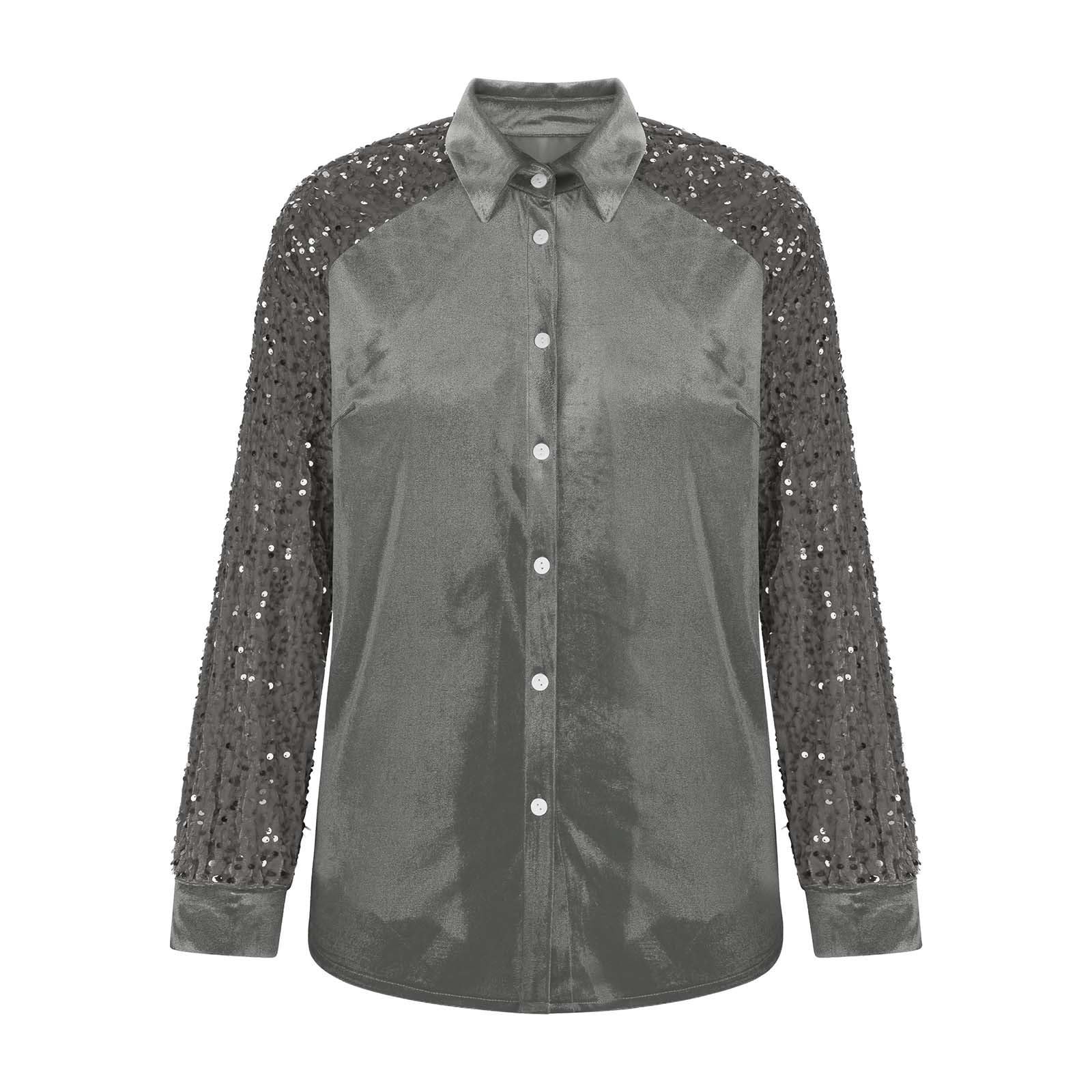 Women's Velvet Button Down Shirt Sequin Long Sleeve Blouse Elegant Sparkle Party Top Casual Luxury Shirt for Fall Winter