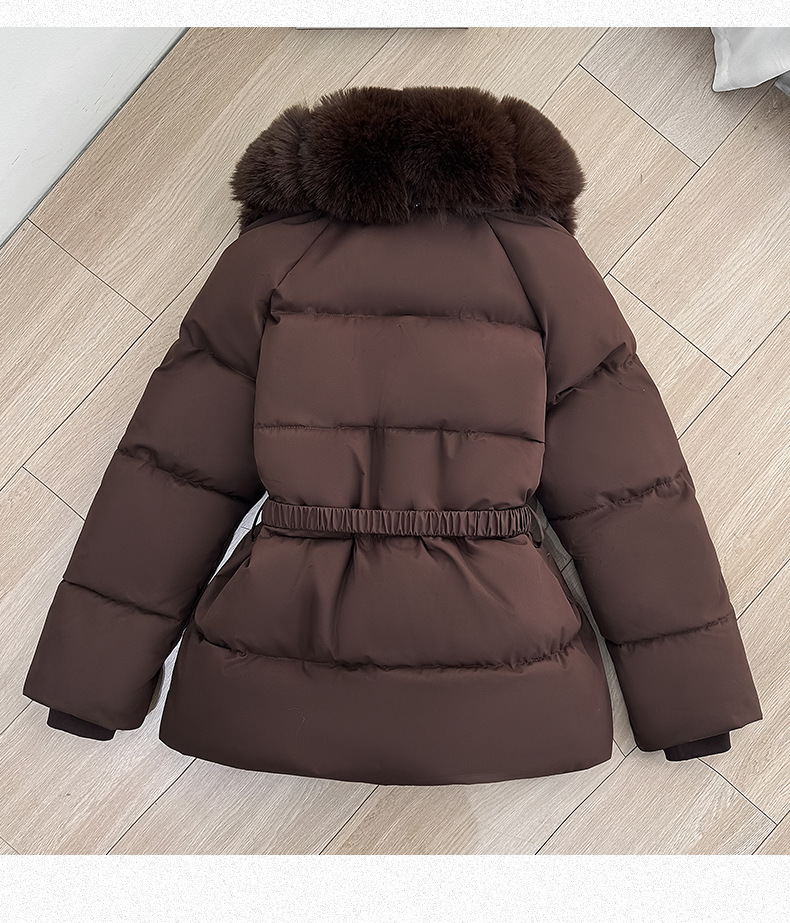 Women's Winter Puffer Jacket with Faux Fur Collar, Polyester Warm Coat, Belted Waist Short Quilted Outerwear, Fashionable Cold Weather Jacket