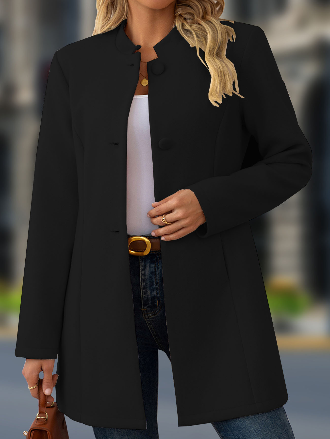 Women's Elegant Stand Collar Black Coat – Classic Long Sleeve Outerwear Jacket Coat