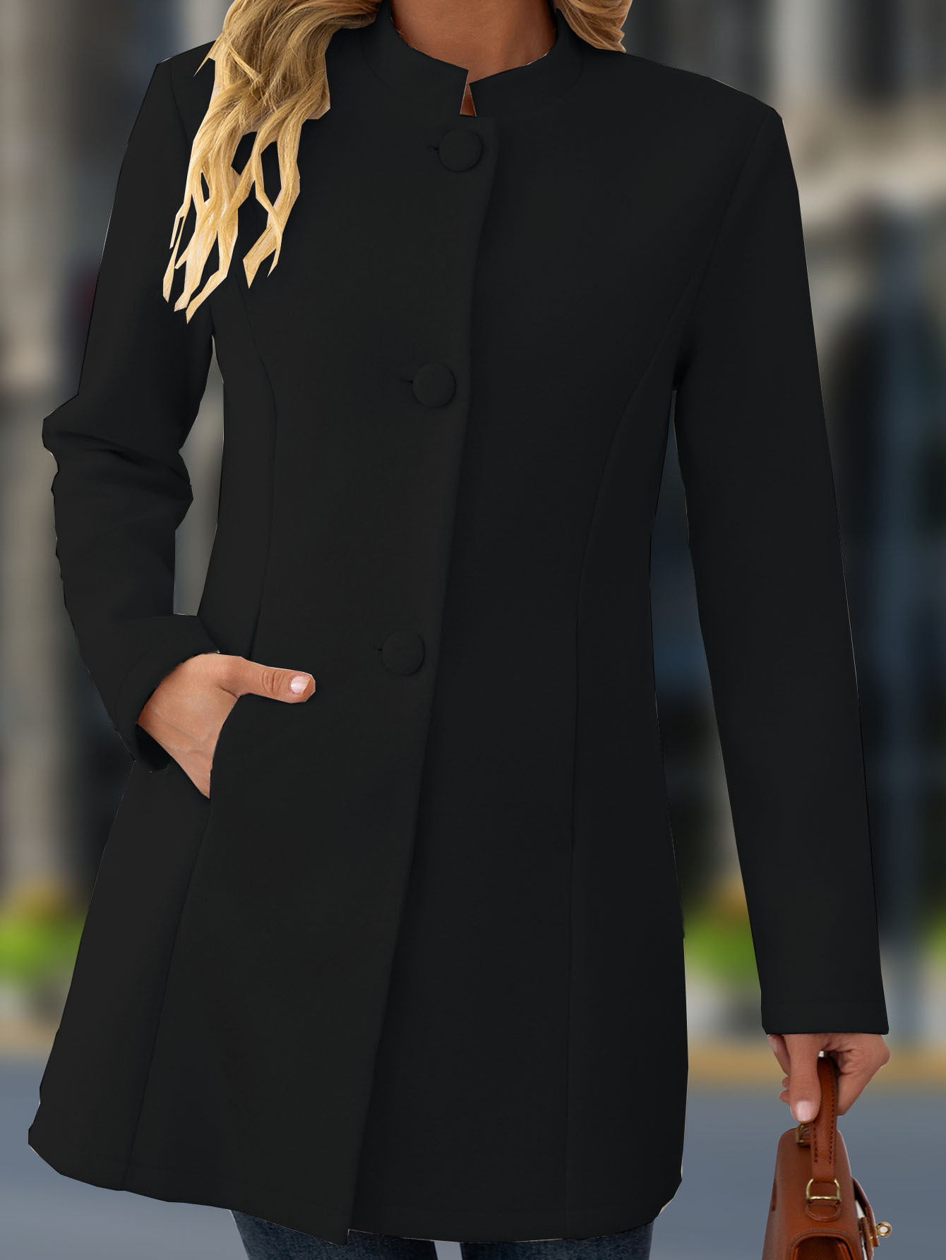 Women's Elegant Stand Collar Black Coat – Classic Long Sleeve Outerwear Jacket Coat