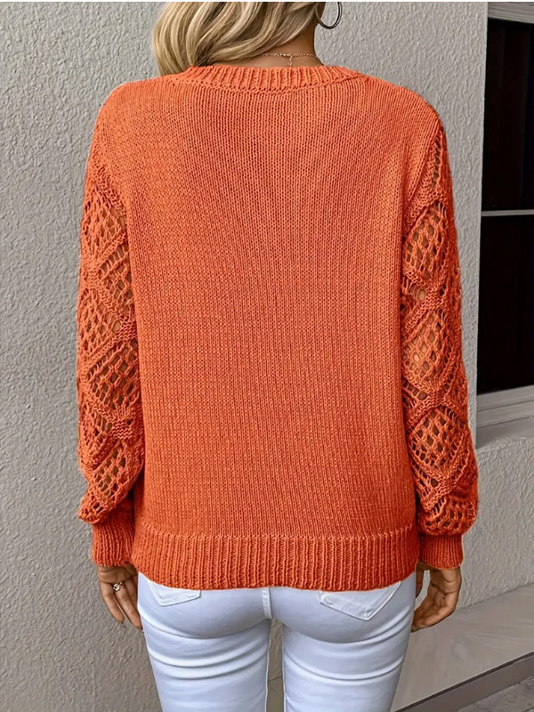 Women's V Neck Crochet Sleeve Knit Sweater – Long Sleeve Loose Fit Pullover Top with Openwork Detail for Casual & Elegant Wear