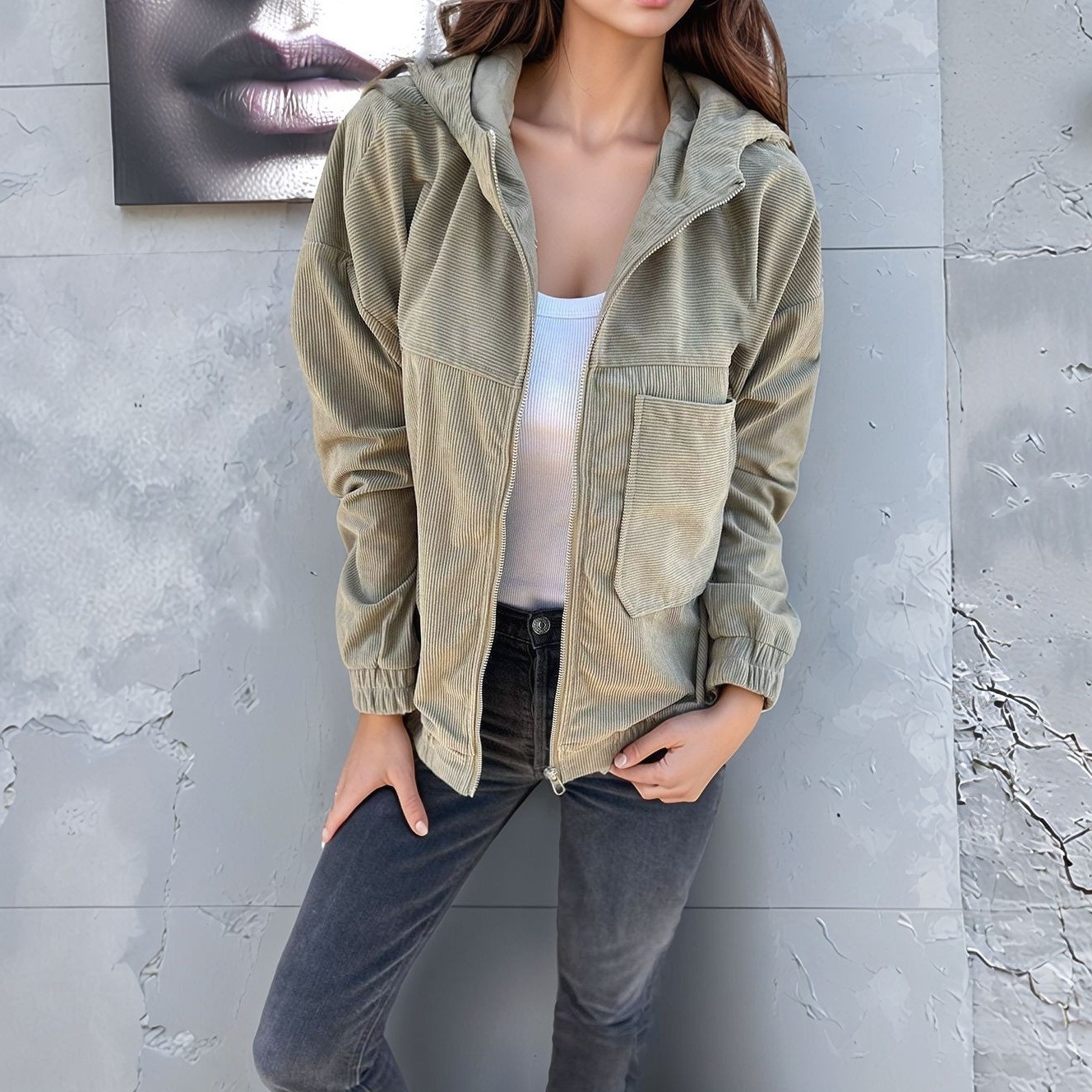 Women’s Corduroy Hooded Jacket Zip Up Casual Coat with Pockets Long Sleeve Relaxed Fit Fall Winter Outerwear