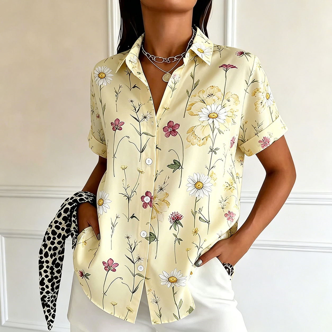 Women's Floral Print Short Sleeve Button Down Shirts, Lightweight Polyester Collared Pocket Blouses Casual Summer Loose Fit Tops