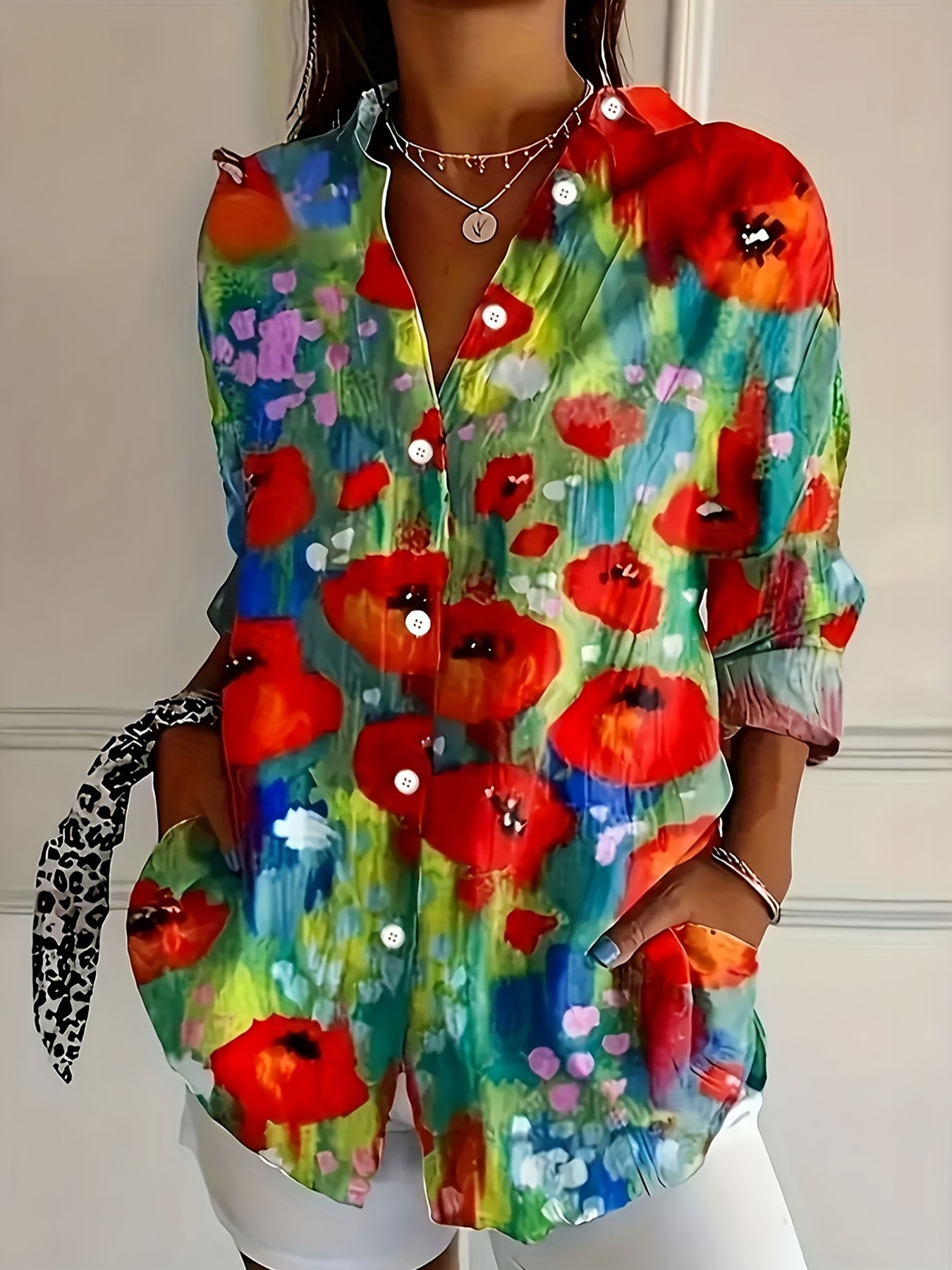 Women’s Colorful Floral Print Button Down Shirt Watercolor Flower Blouse Long Sleeve Casual Loose Fit Top Artistic Vacation Shirt