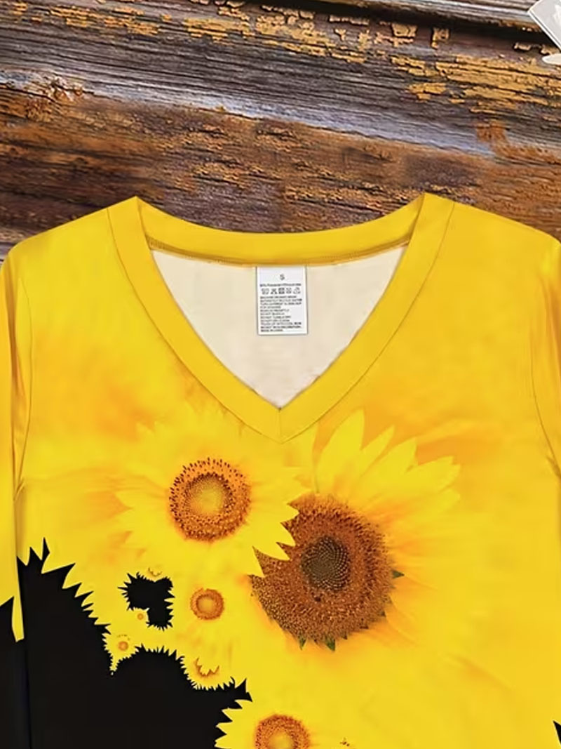 Women’s 3/4 Sleeve Sunflower Print Tunic Tops V Neck Casual Loose Fit Blouse Yellow Black Floral Shirts Lightweight Summer Fall Fashion Top