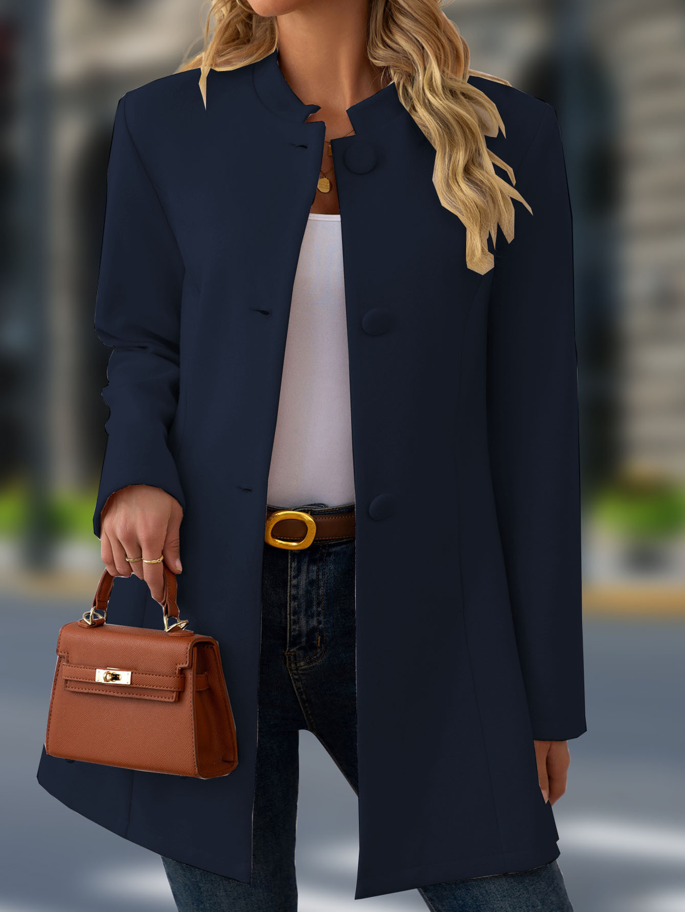 Women's Elegant Stand Collar Dark Blue Coat – Classic Long Sleeve Outerwear Jacket Coat