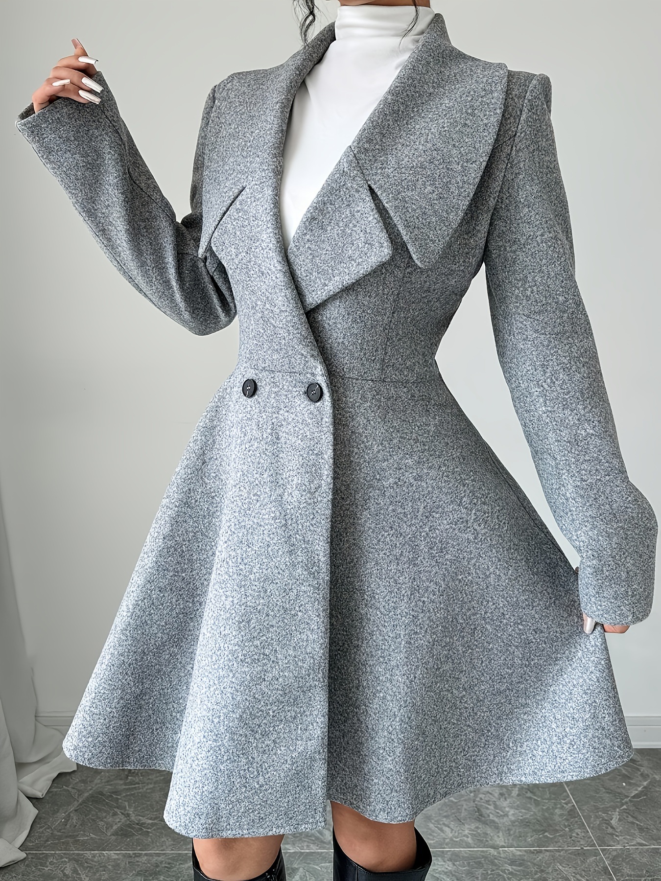 Women’s Long Sleeve Double Breasted A-Line Wool-Look Coat Dress with Wide Lapel