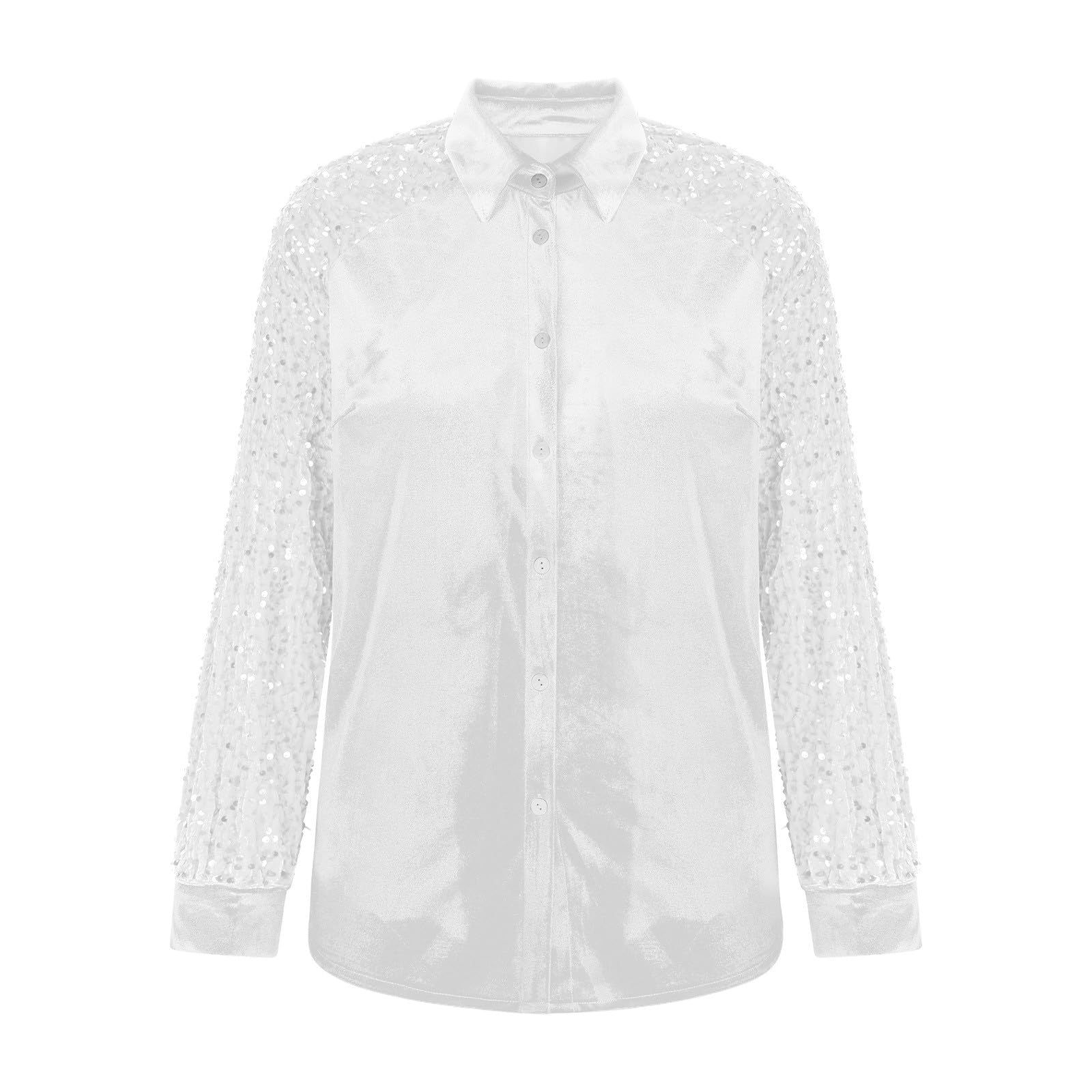 Women's Velvet Button Down Shirt Sequin Long Sleeve Blouse Elegant Sparkle Party Top Casual Luxury Shirt for Fall Winter