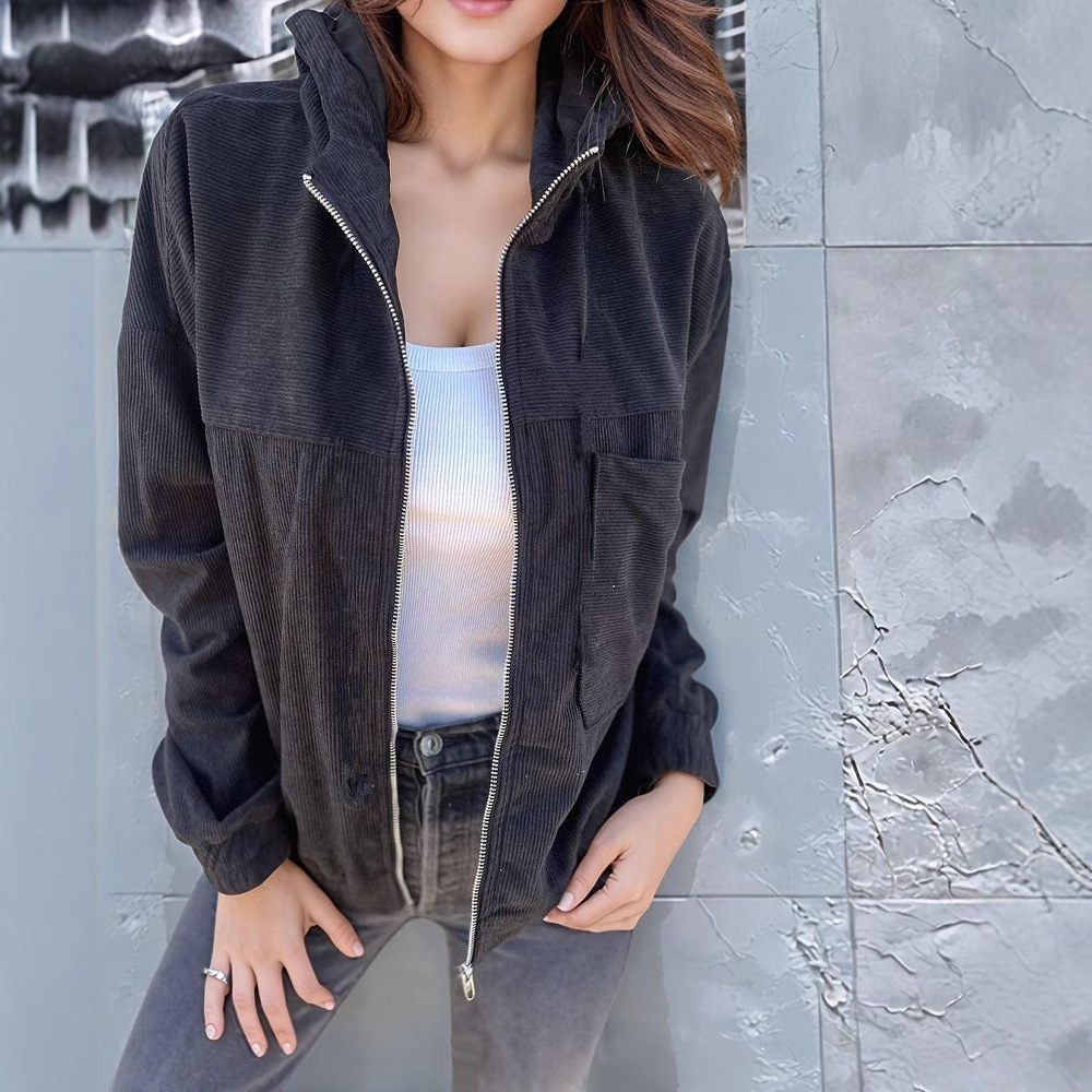 Women’s Corduroy Hooded Jacket Zip Up Casual Coat with Pockets Long Sleeve Relaxed Fit Fall Winter Outerwear