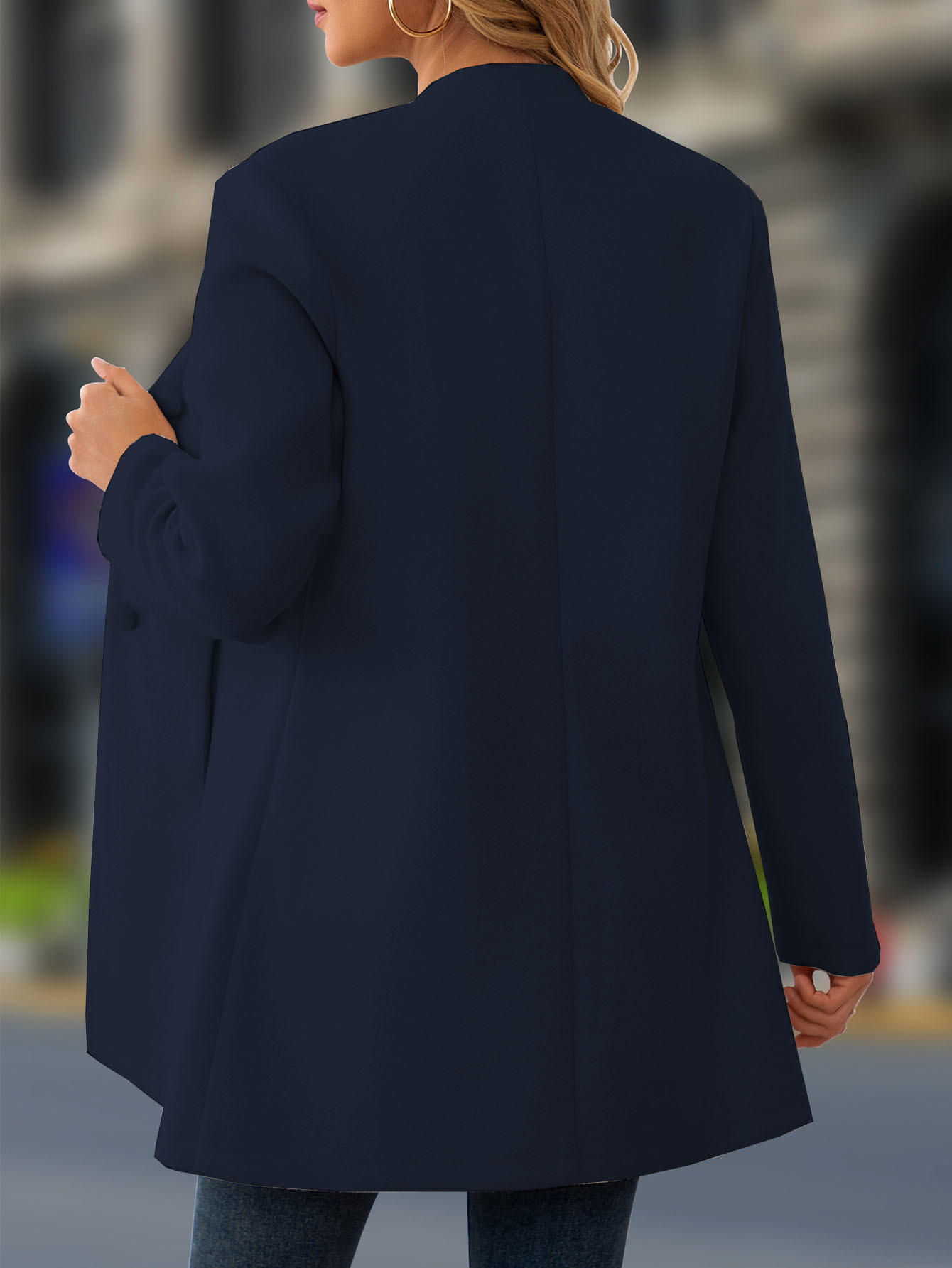 Women's Elegant Stand Collar Dark Blue Coat – Classic Long Sleeve Outerwear Jacket Coat