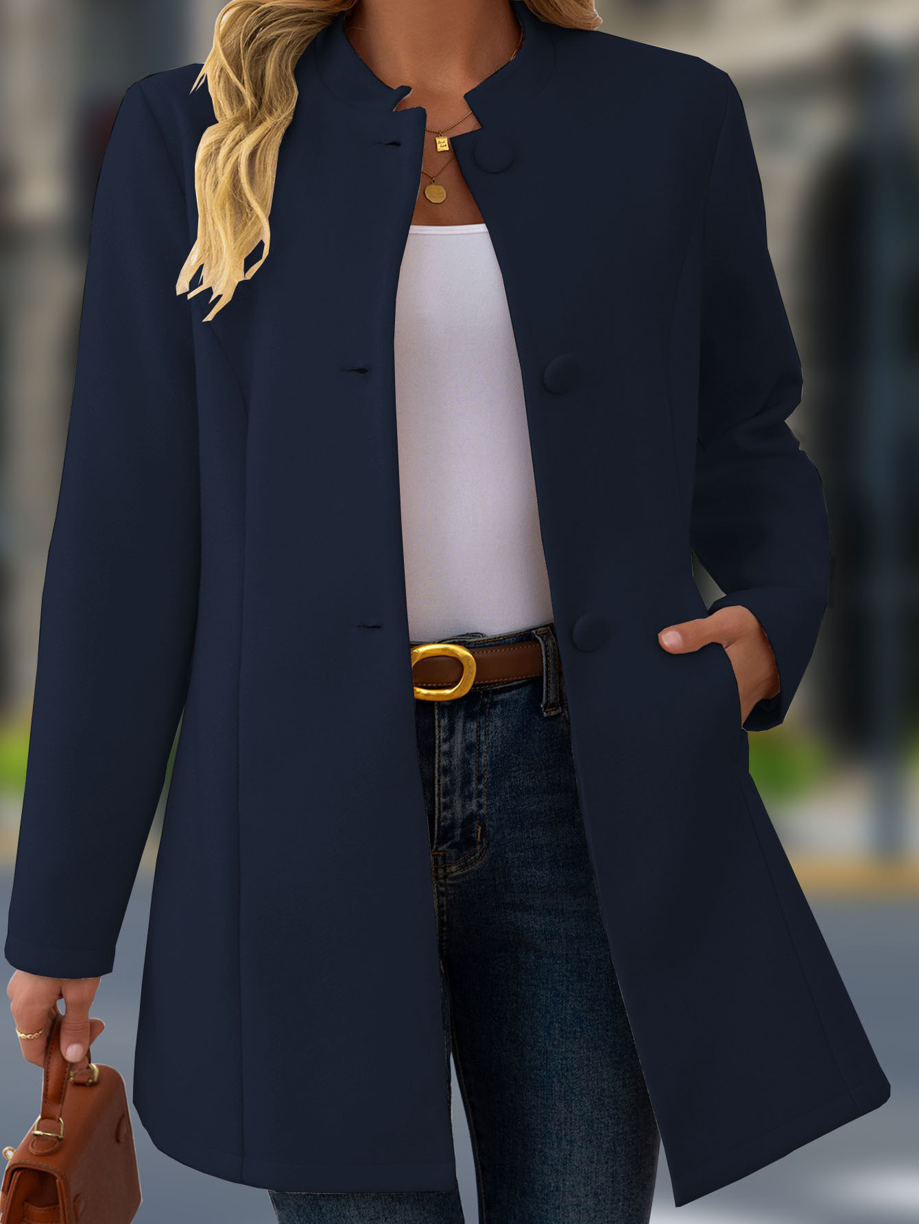 Women's Elegant Stand Collar Dark Blue Coat – Classic Long Sleeve Outerwear Jacket Coat