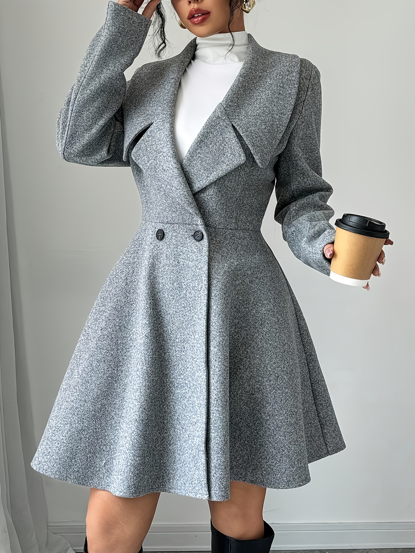 Women’s Long Sleeve Double Breasted A-Line Wool-Look Coat Dress with Wide Lapel
