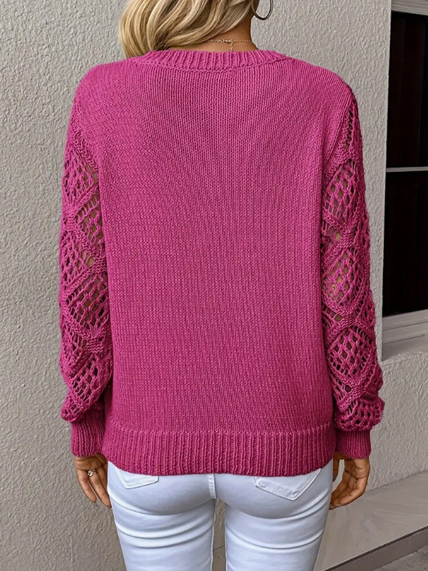Women's V Neck Crochet Sleeve Knit Sweater – Long Sleeve Loose Fit Pullover Top with Openwork Detail for Casual & Elegant Wear