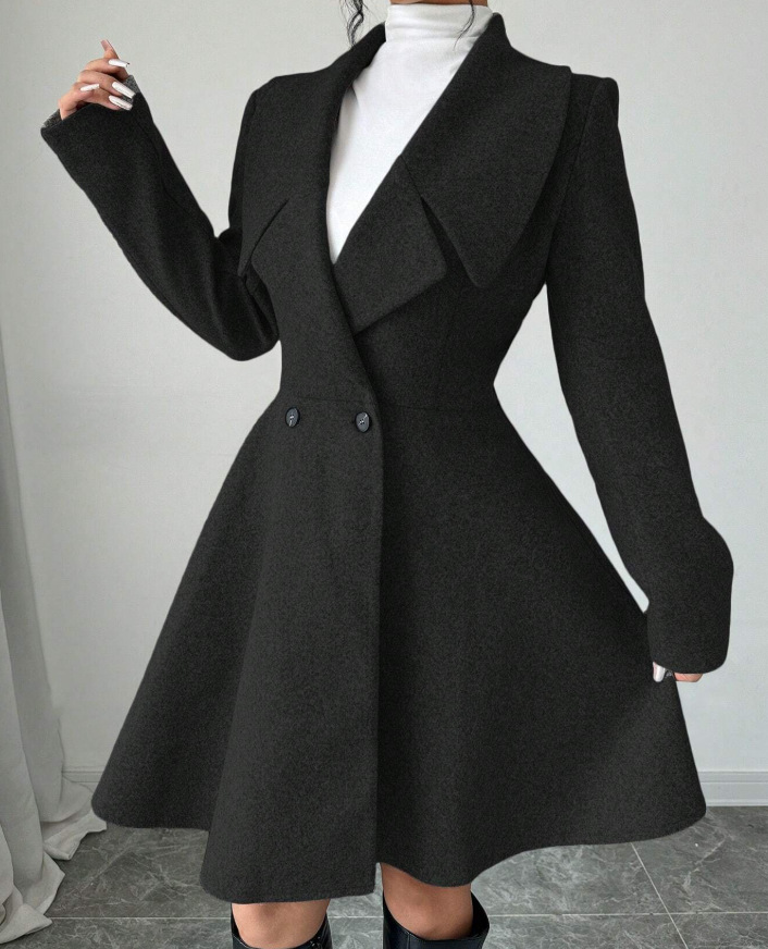 Women’s Long Sleeve Double Breasted A-Line Wool-Look Coat Dress with Wide Lapel