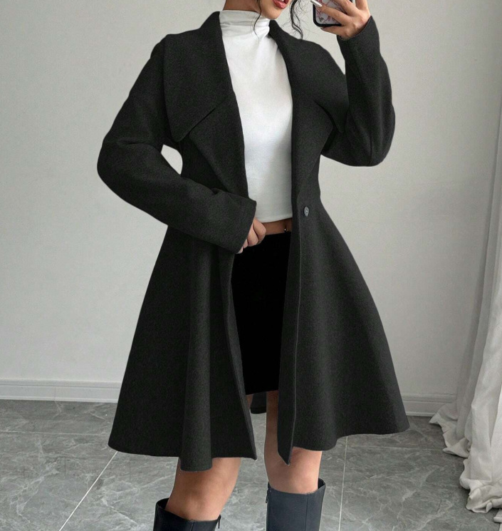 Women’s Long Sleeve Double Breasted A-Line Wool-Look Coat Dress with Wide Lapel