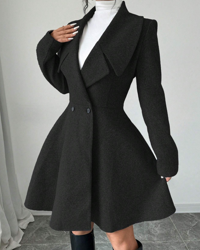 Women’s Long Sleeve Double Breasted A-Line Wool-Look Coat Dress with Wide Lapel