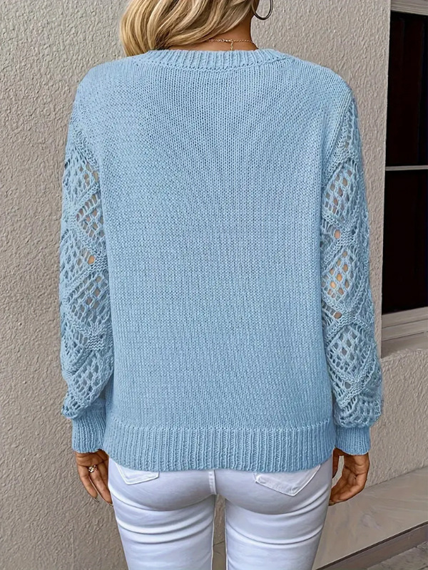 Women's V Neck Crochet Sleeve Knit Sweater – Long Sleeve Loose Fit Pullover Top with Openwork Detail for Casual & Elegant Wear