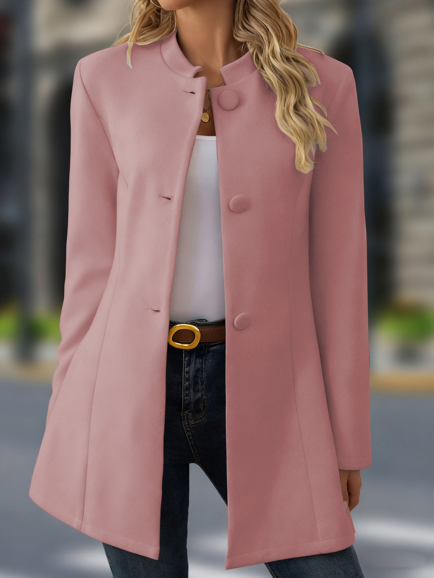 Women's Elegant Stand Collar Pink Coat – Classic Long Sleeve Outerwear Jacket Coat