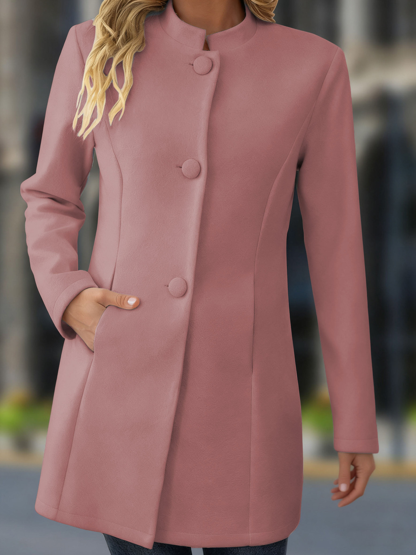 Women's Elegant Stand Collar Pink Coat – Classic Long Sleeve Outerwear Jacket Coat