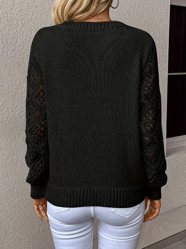 Women's V Neck Crochet Sleeve Knit Sweater – Long Sleeve Loose Fit Pullover Top with Openwork Detail for Casual & Elegant Wear