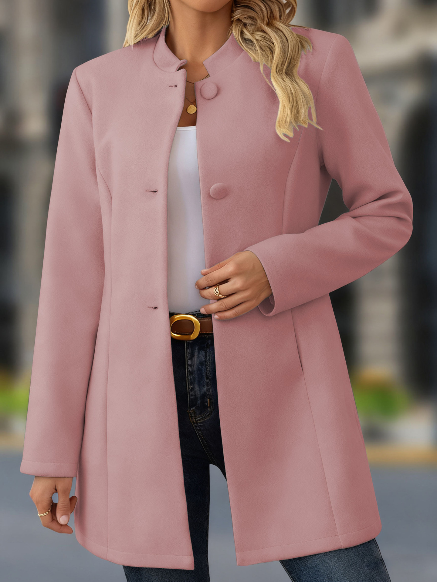 Women's Elegant Stand Collar Pink Coat – Classic Long Sleeve Outerwear Jacket Coat