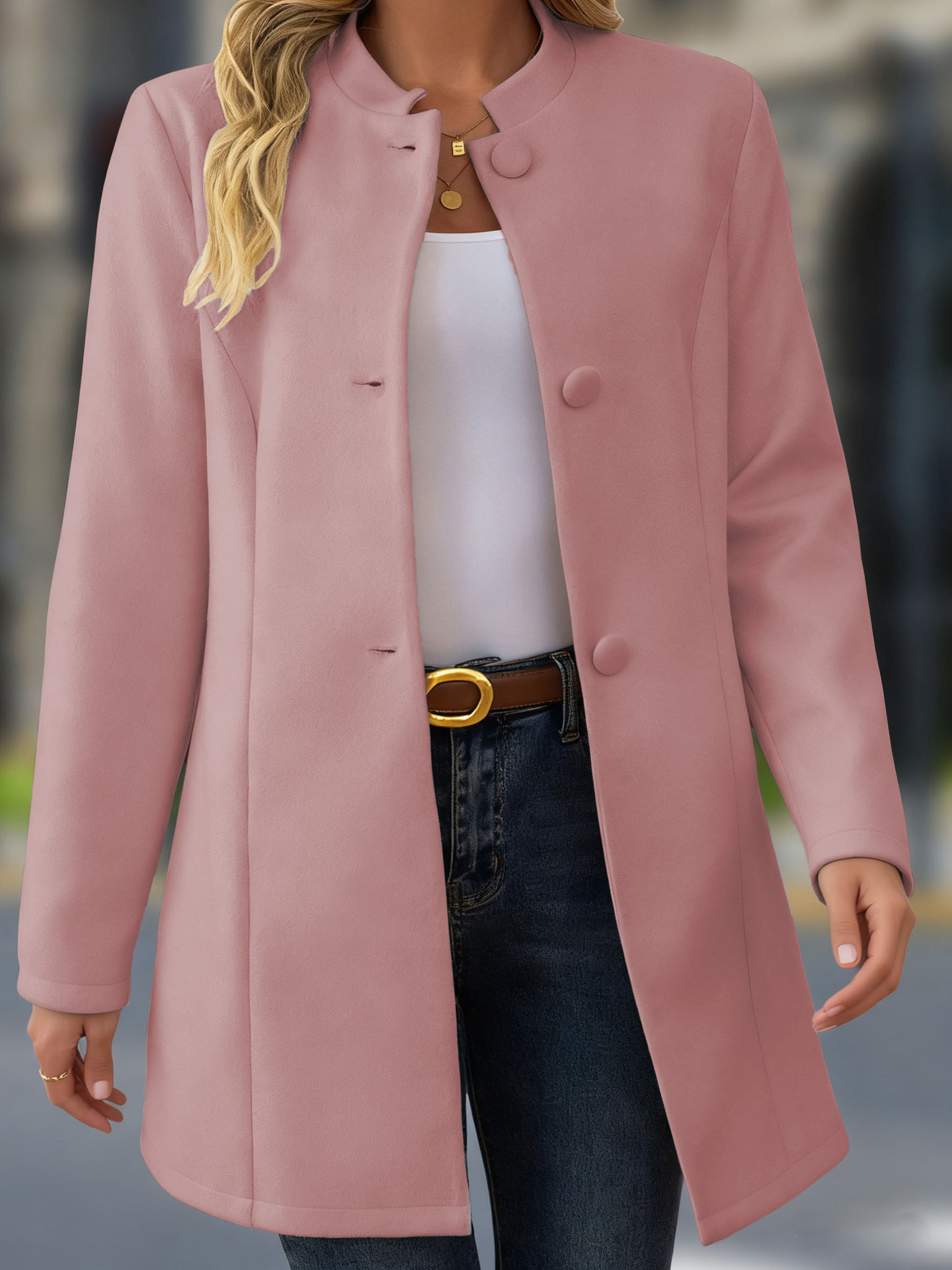 Women's Elegant Stand Collar Pink Coat – Classic Long Sleeve Outerwear Jacket Coat