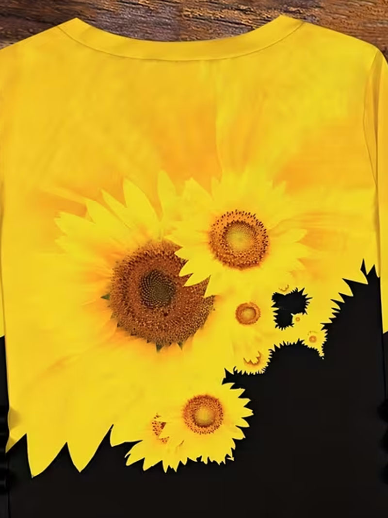 Women’s 3/4 Sleeve Sunflower Print Tunic Tops V Neck Casual Loose Fit Blouse Yellow Black Floral Shirts Lightweight Summer Fall Fashion Top