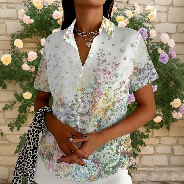 Women’s Floral Garden Print Button-Up Shirt – Short Sleeve Lightweight Casual Blouse