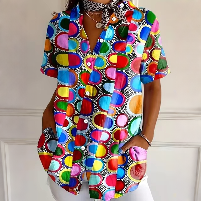 Plus Size Women’s Colorful Abstract Print Button Down Shirt Short Sleeve Blouse Casual Loose Fit Top Vibrant Artistic Vacation Shirt-gemscharms