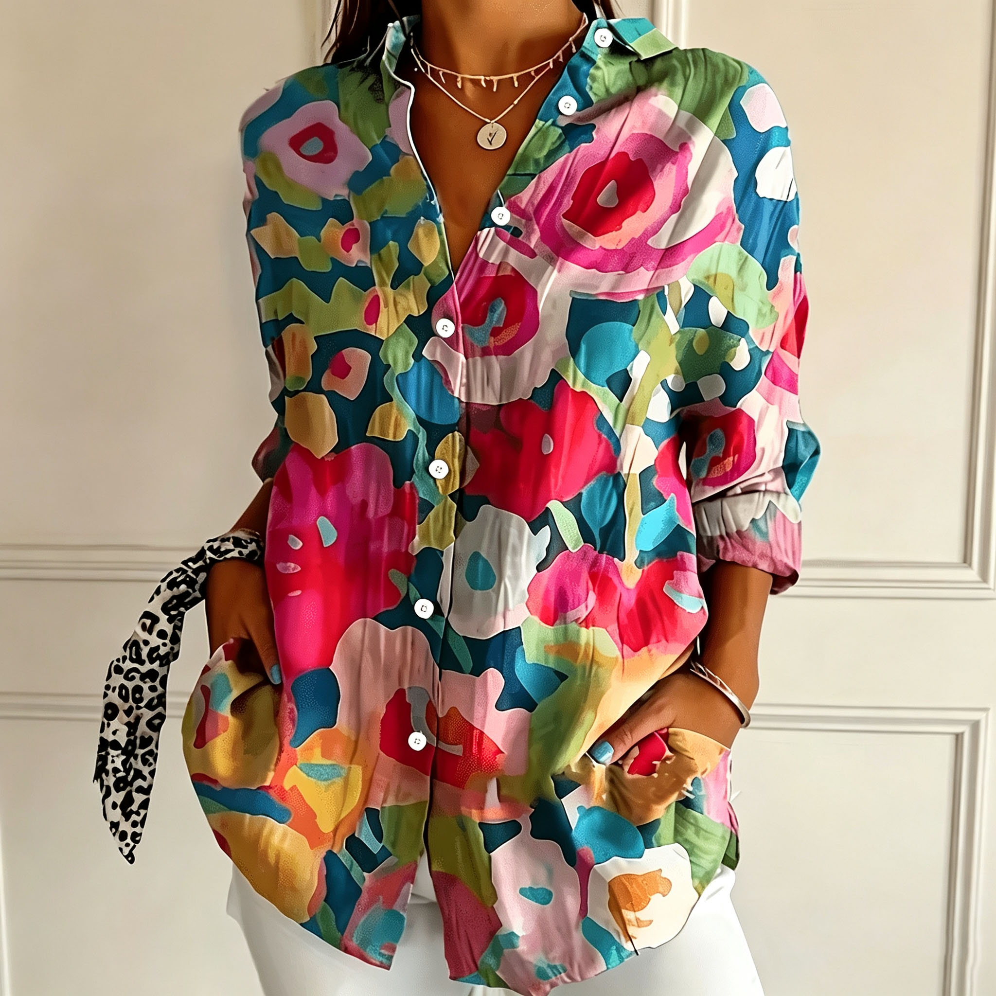Women’s Watercolor Floral Print Button Down Shirt Colorful Botanical Blouse Long Sleeve Casual Loose Fit Top Artistic Vacation Shirt