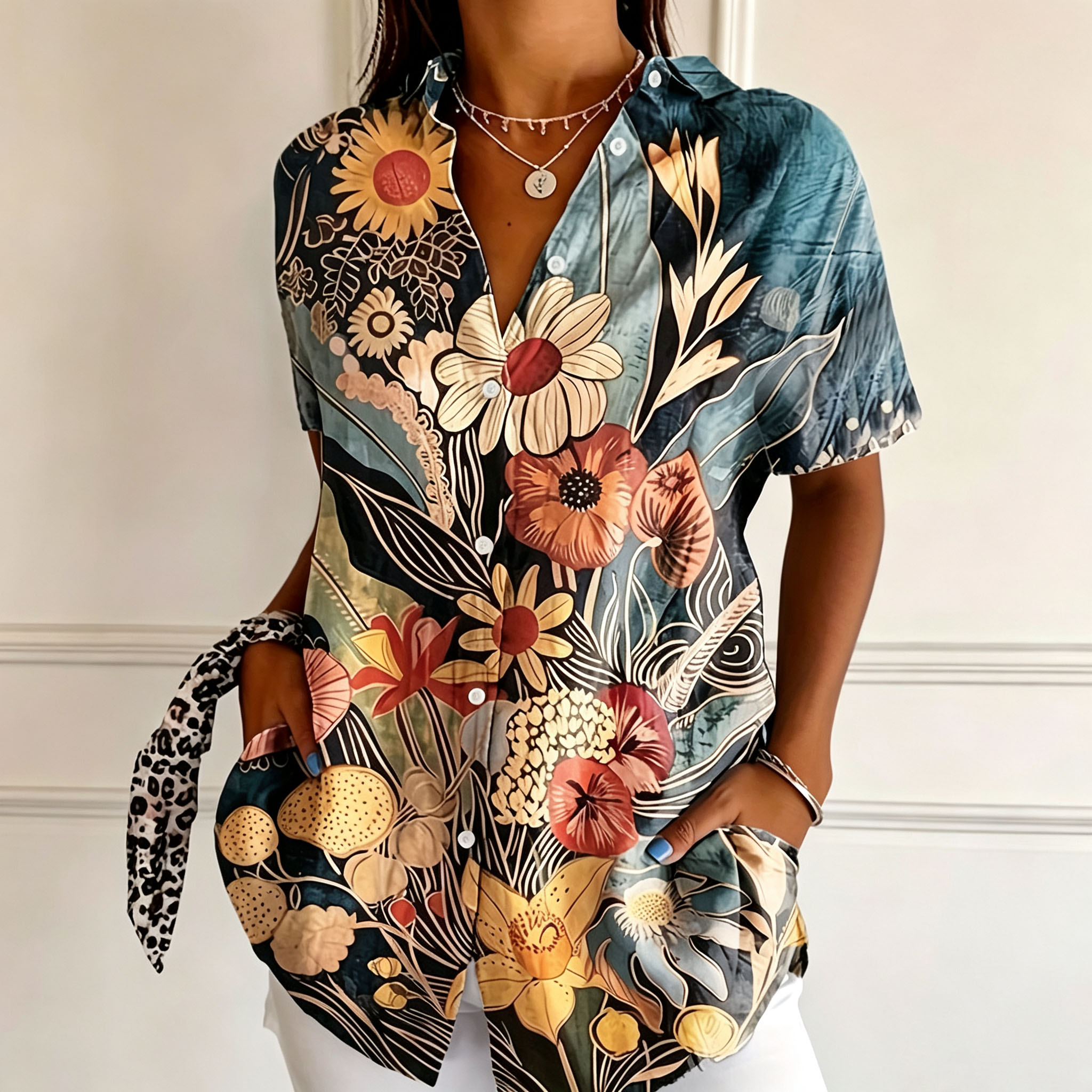Women Vintage Dark Tropical Floral Print Short Sleeve Button Down Shirts, Lightweight Wrinkle-Free Polyester Lapel Collar Pocket Blouses, Casual Loose Summer Vacation Tops