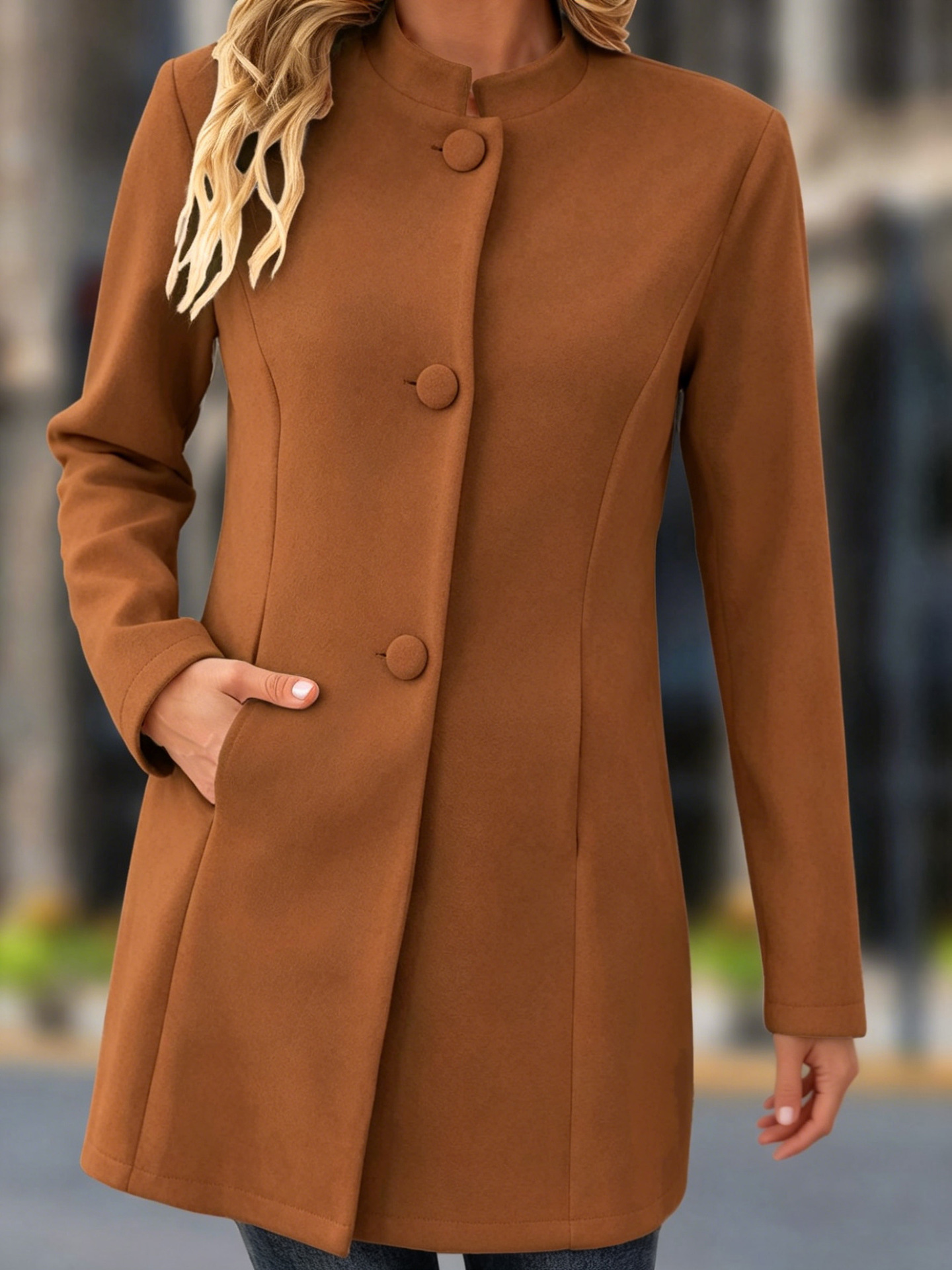 Women's Elegant Stand Collar caramel Color Coat – Classic Long Sleeve Outerwear Jacket Coat