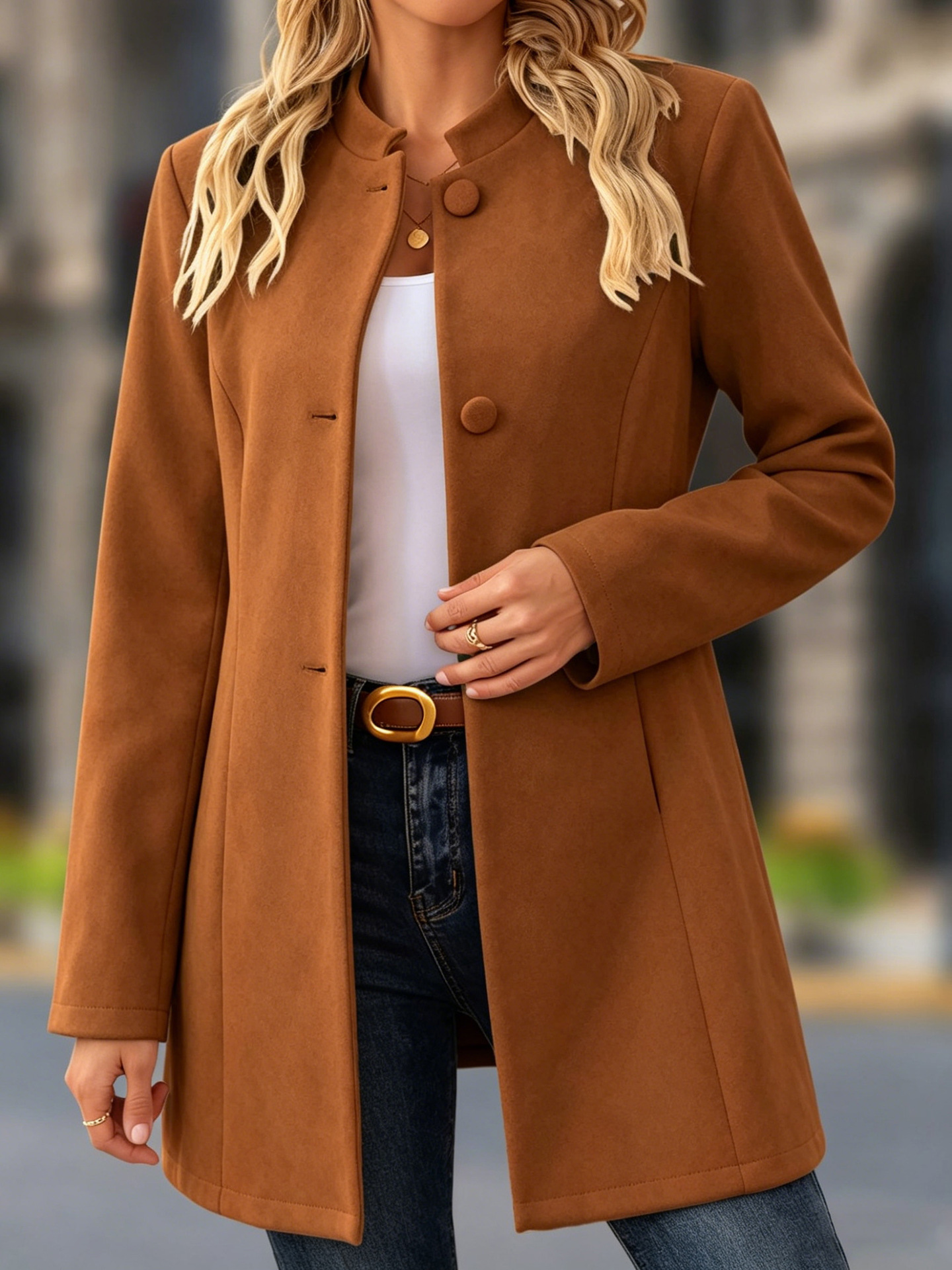 Women's Elegant Stand Collar caramel Color Coat – Classic Long Sleeve Outerwear Jacket Coat